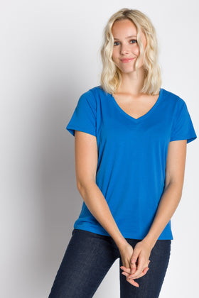 Macrowoman W-Series Solid Women V Neck Dark Blue T-Shirt - Buy