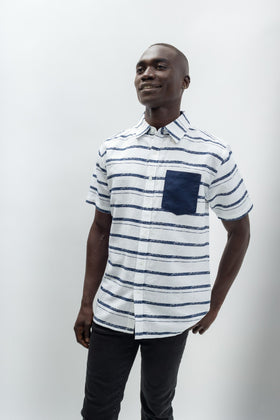 Striped Linen-cotton Blend Short Sleeve Shirt